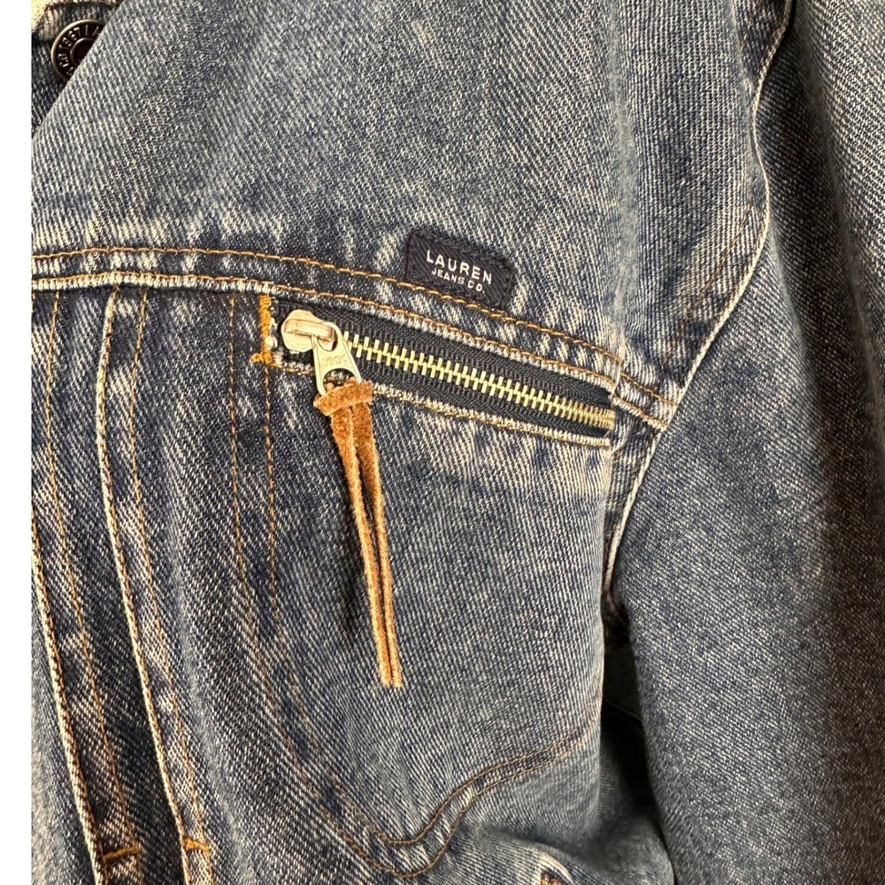 Lauren Jeans Co Ralph Lauren Denim Jacket L Blue Good Bird Patch Zipper Pockets - Picture 3 of 16
